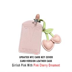 Updated NFC Card Key Leather Cover For Model 3/Y Card‑version Girlish Pink Shell With Pink Cherry Ornament