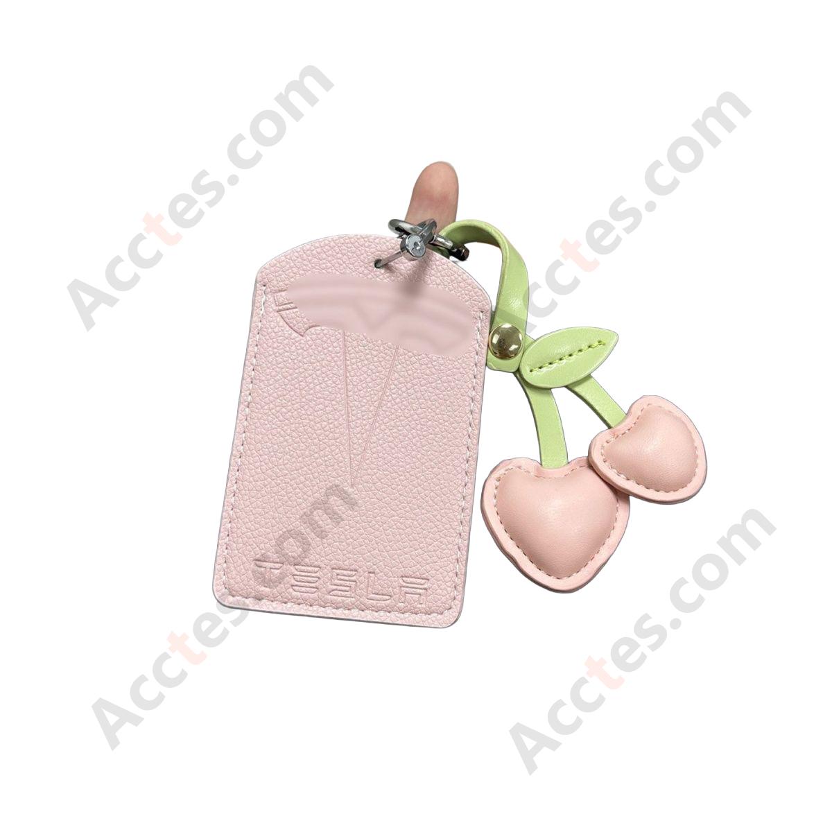 Updated NFC Card Key Leather Cover For Model 3/Y Card‑version Girlish Pink Shell With Pink Cherry Ornament