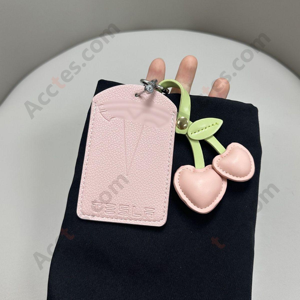 Updated NFC Card Key Leather Cover For Model 3/Y Card‑version Girlish Pink Shell With Pink Cherry Ornament
