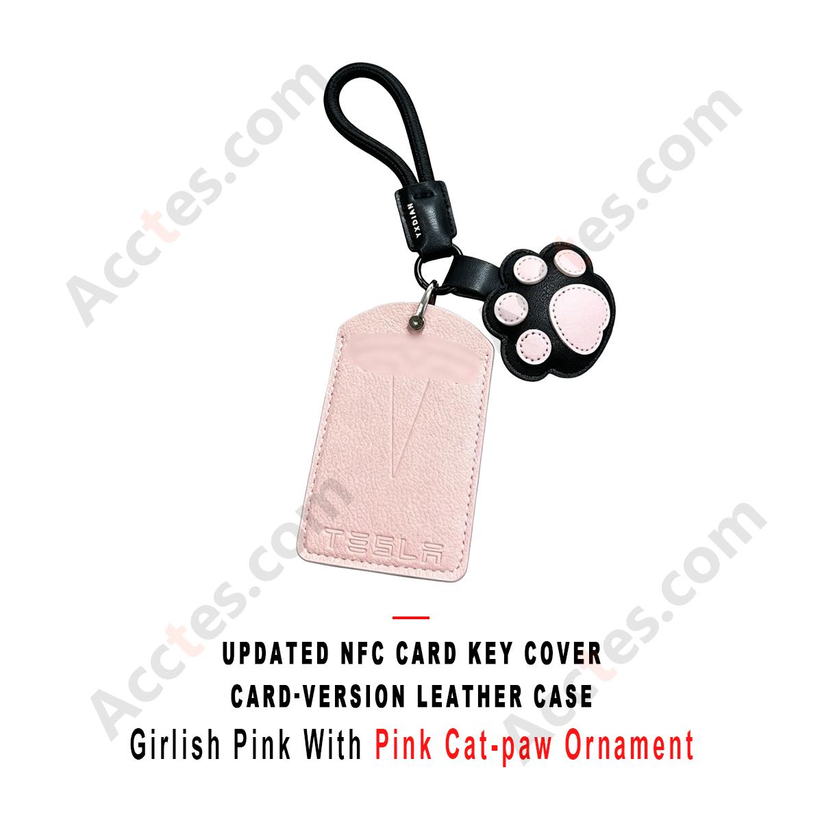 Updated NFC Card Key Leather Cover For Model 3/Y Card‑version Girlish Pink Shell With Pink Cat‑paw Ornament