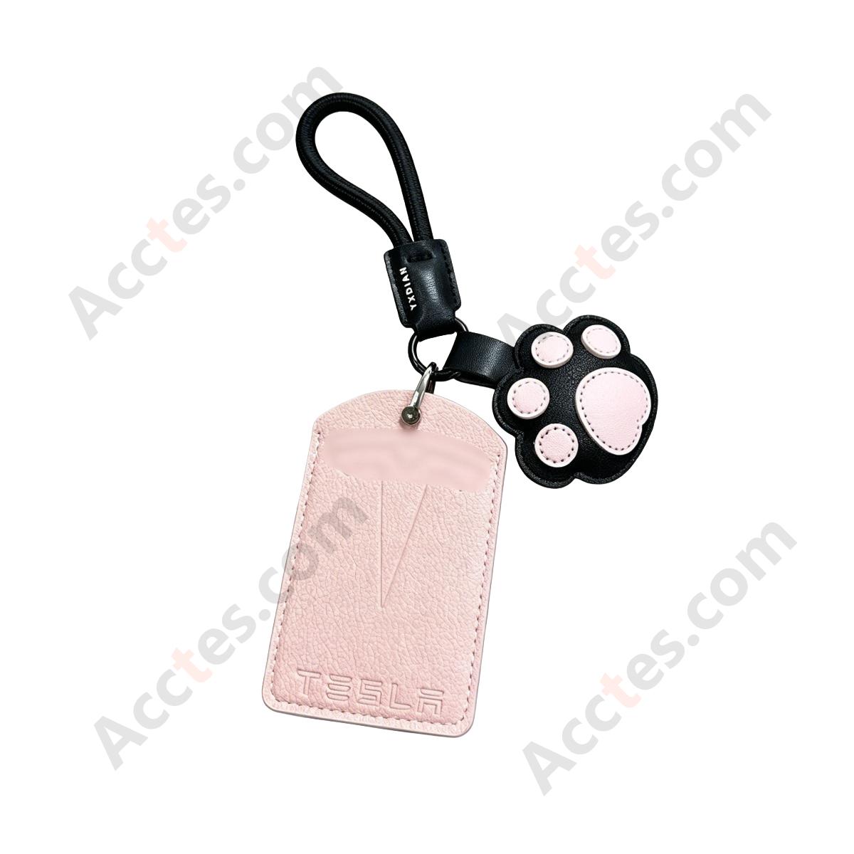 Updated NFC Card Key Leather Cover For Model 3/Y Card‑version Girlish Pink Shell With Pink Cat‑paw Ornament