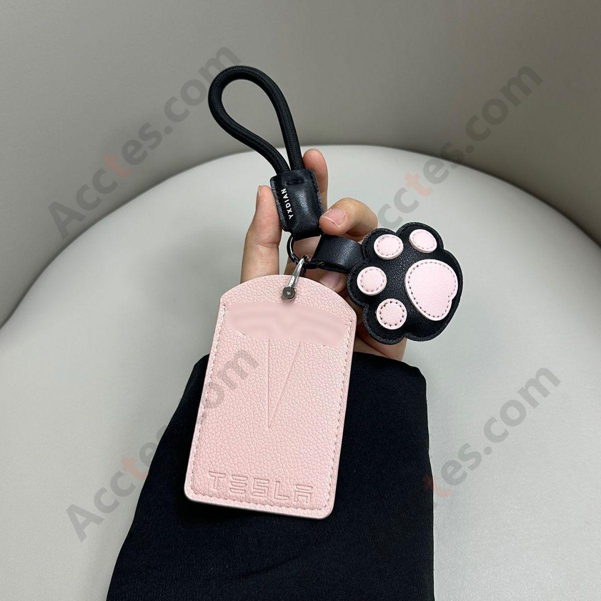 Updated NFC Card Key Leather Cover For Model 3/Y Card‑version Girlish Pink Shell With Pink Cat‑paw Ornament
