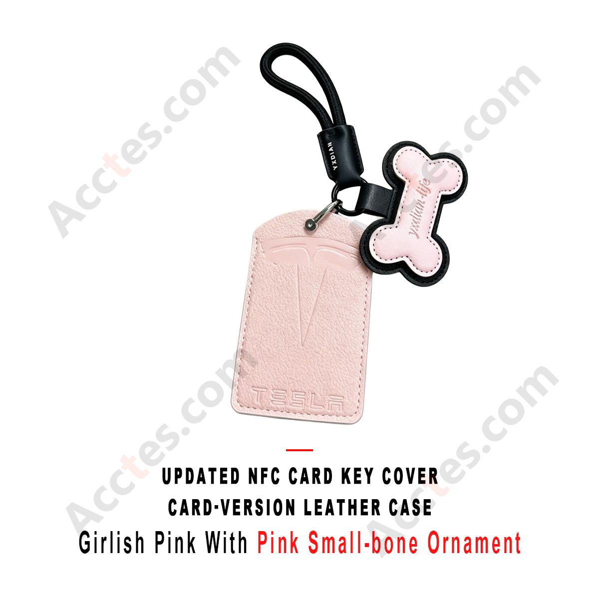 Updated NFC Card Key Leather Cover For Model 3/Y Card‑version Girlish Pink Shell With Pink Small‑bone Ornament