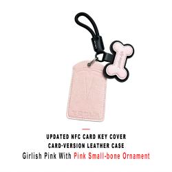 Updated NFC Card Key Leather Cover For Model 3/Y Card‑version Girlish Pink Shell With Pink Small‑bone Ornament