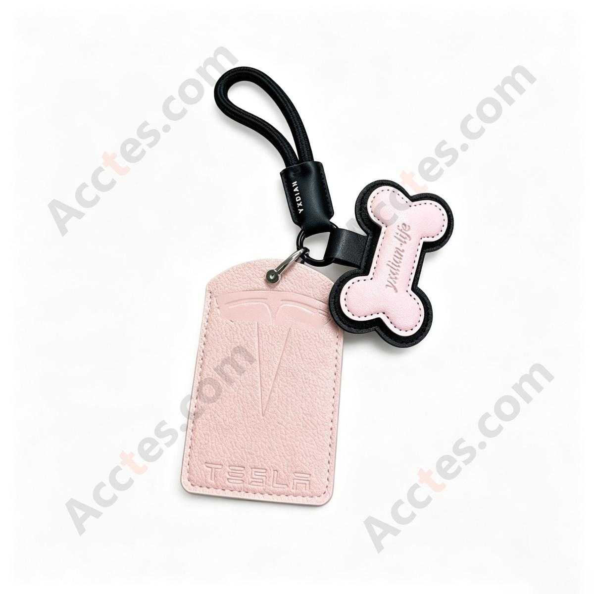 Updated NFC Card Key Leather Cover For Model 3/Y Card‑version Girlish Pink Shell With Pink Small‑bone Ornament
