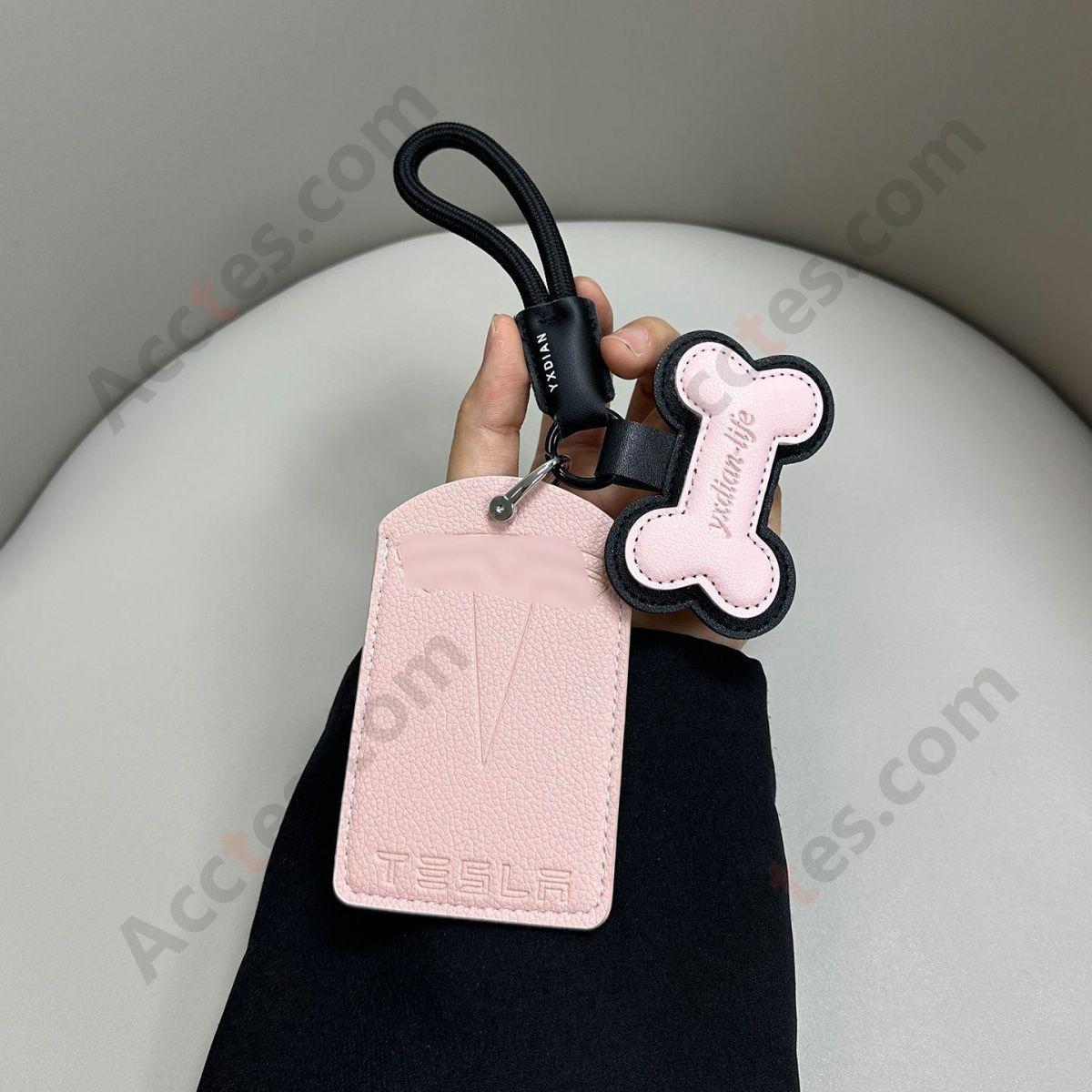 Updated NFC Card Key Leather Cover For Model 3/Y Card‑version Girlish Pink Shell With Pink Small‑bone Ornament