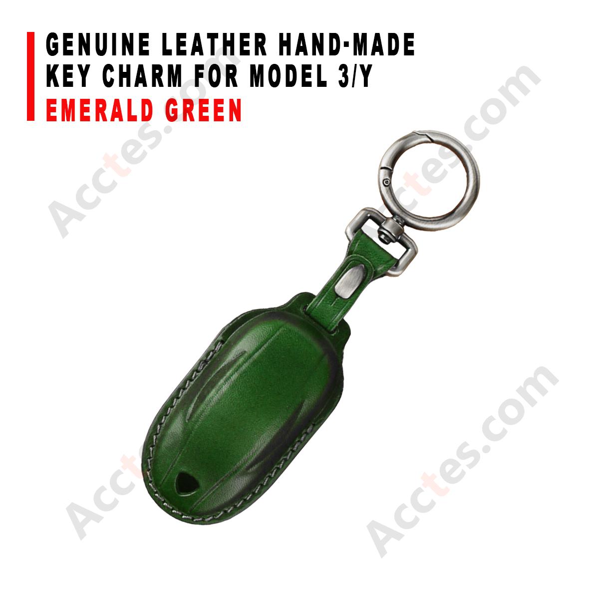 Genuine Leather Hand‑made Key Charm Emerald Green For Model 3/Y Car Card Key Accessory