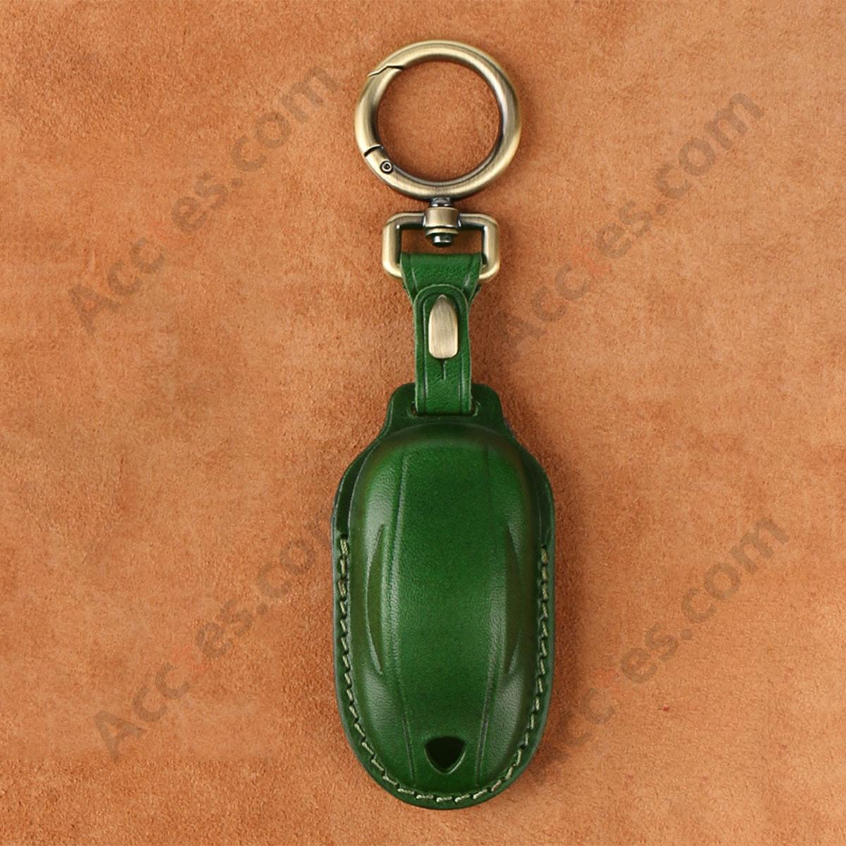 Genuine Leather Hand‑made Key Charm Emerald Green For Model 3/Y Car Card Key Accessory