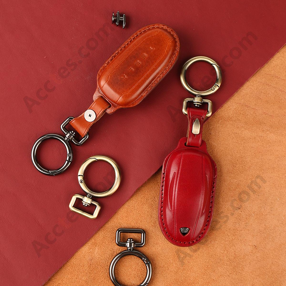 Genuine Leather Hand‑made Key Charm Wine Red For Model 3/Y Car Card Key Accessory