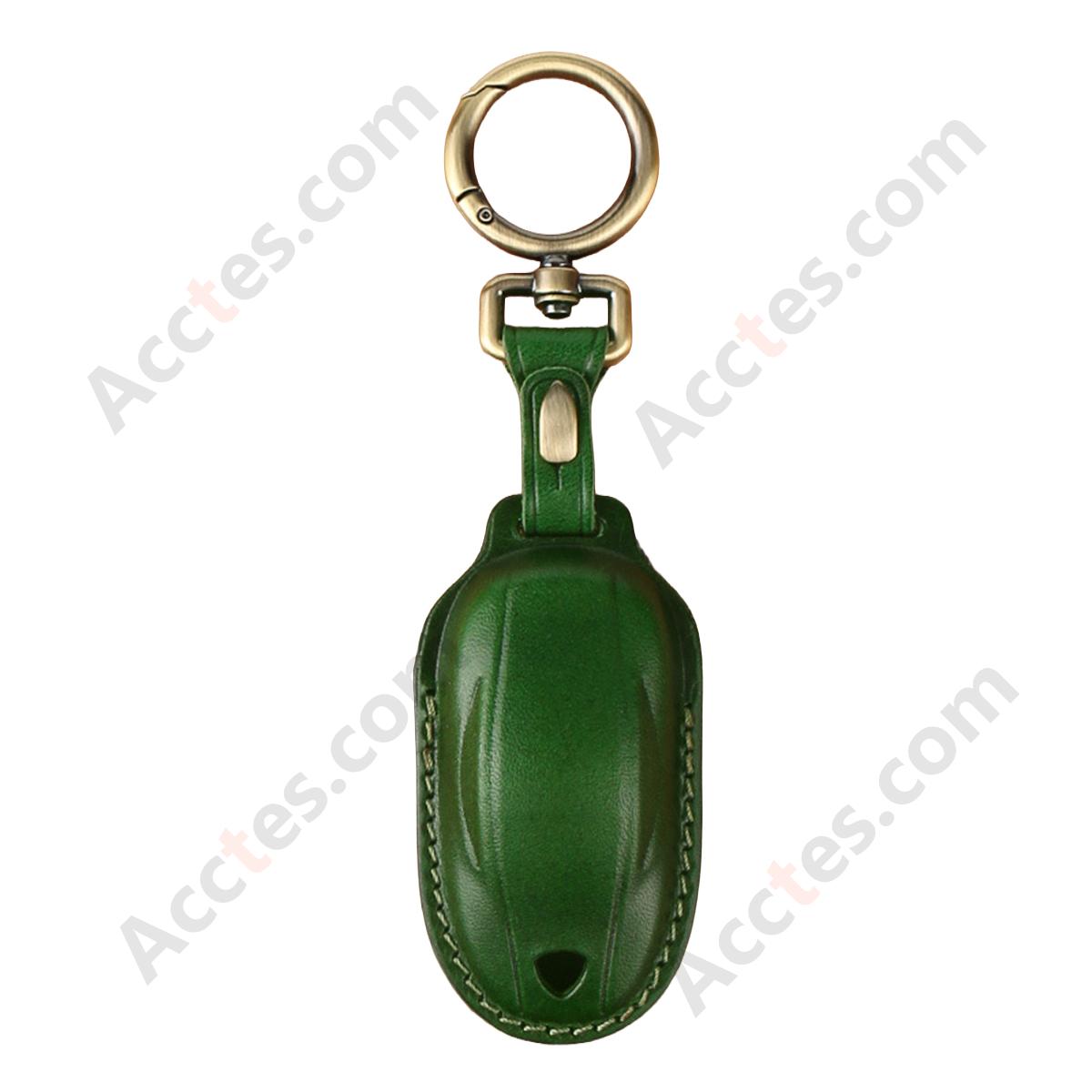 Genuine Leather Hand‑made Key Charm Emerald Green For Old‑Version Model X Car Key Accessory