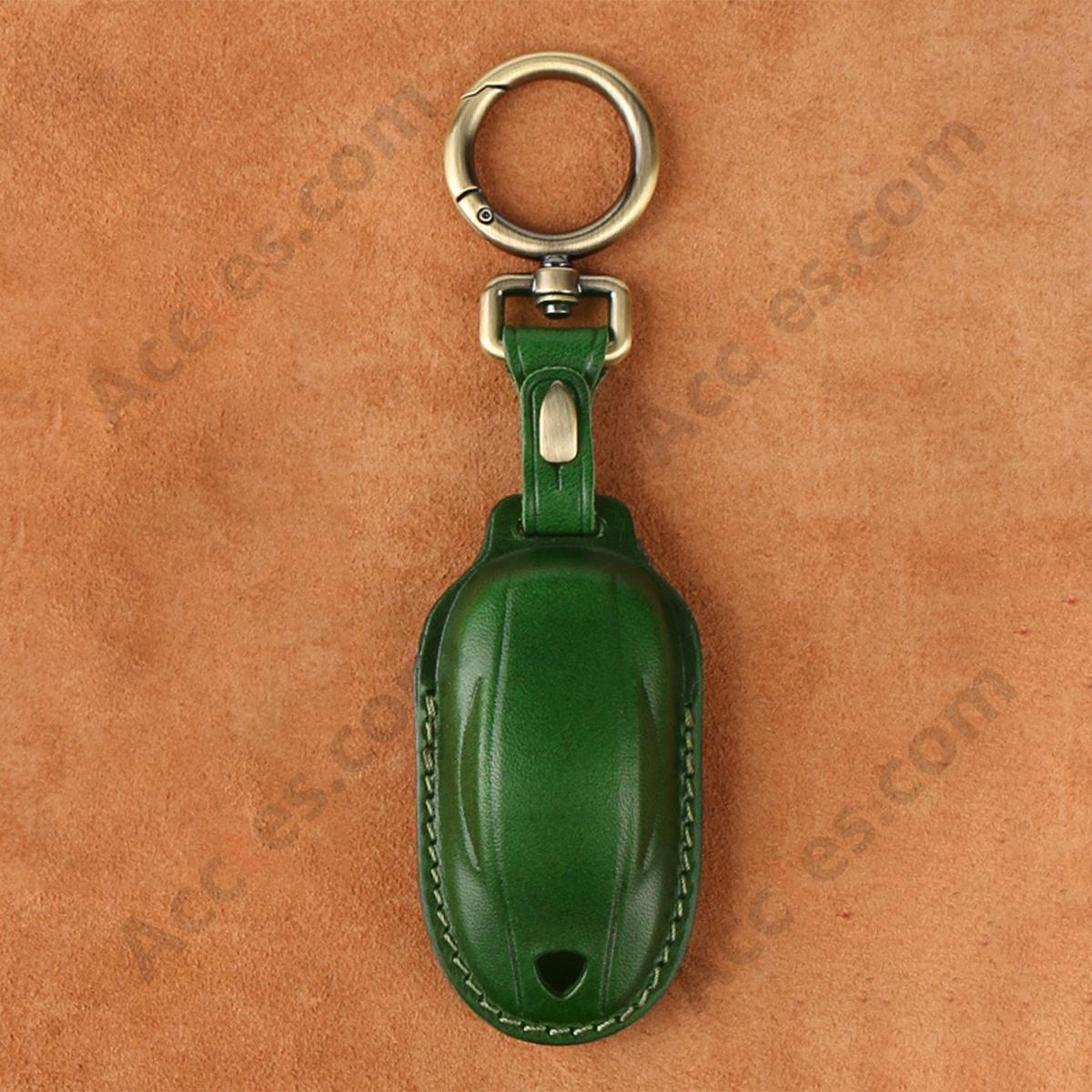 Genuine Leather Hand‑made Key Charm Emerald Green For Old‑Version Model X Car Key Accessory