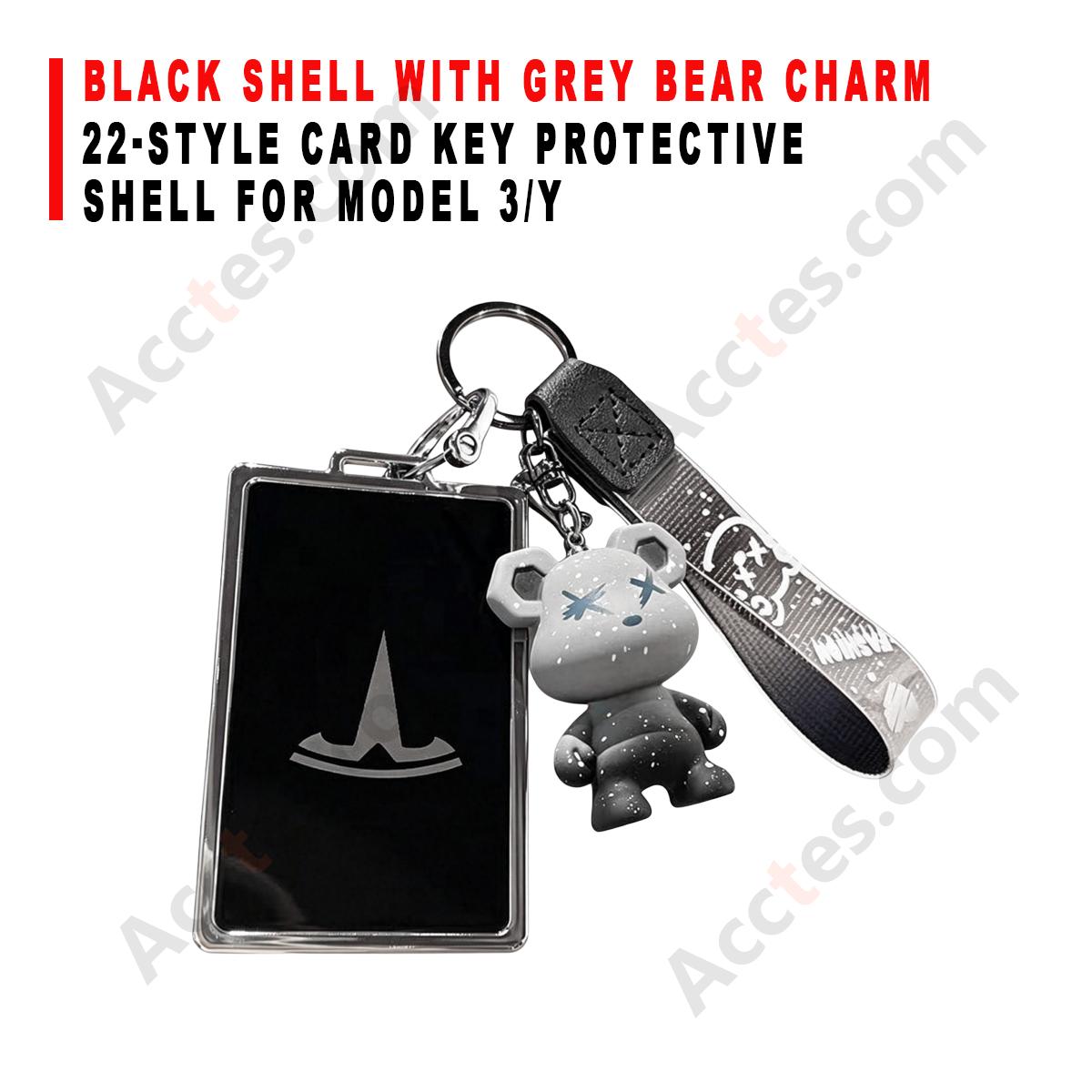 22‑Style Card Key Protective Shell Black Shell With Grey Bear Charm Decoration For Model 3/Y