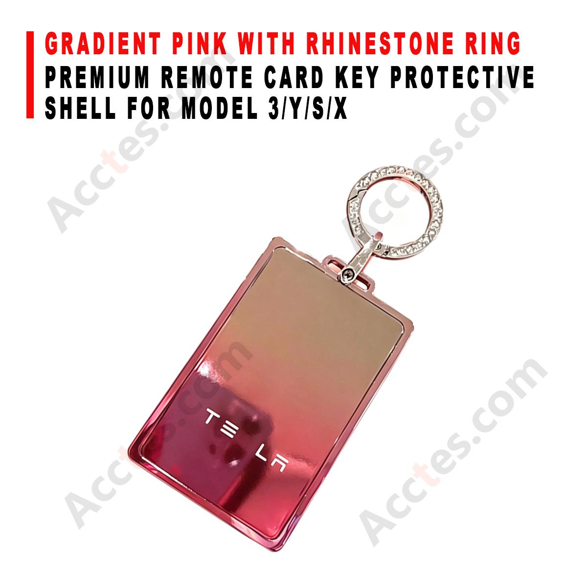Premium Remote Card Key Protective Shell Gradient Pink With Rhinestone Ring Accessory For Model 3/Y/S/X