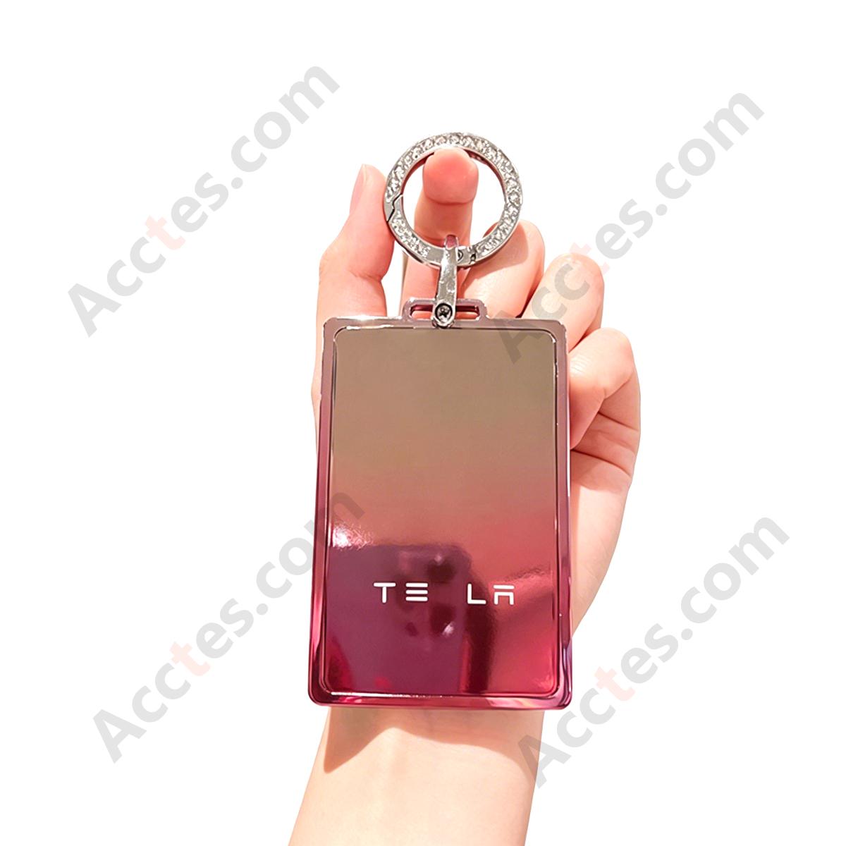 Premium Remote Card Key Protective Shell Gradient Pink With Rhinestone Ring Accessory For Model 3/Y/S/X