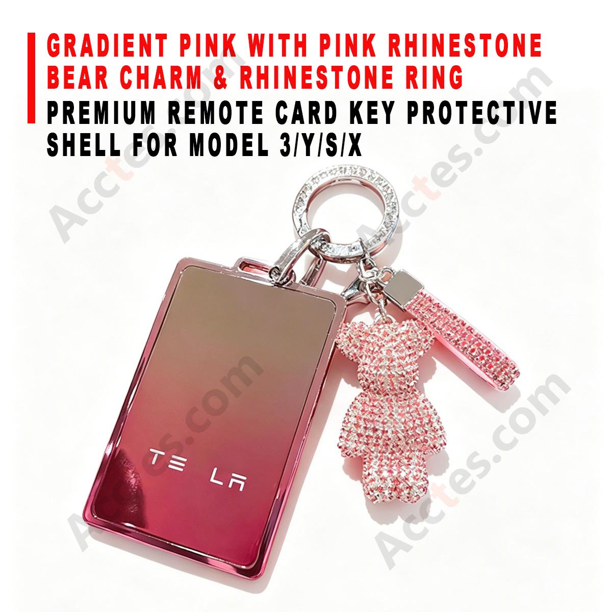 Premium Remote Card Key Protective Shell Gradient Pink With Pink Rhinestone Bear Charm And Rhinestone Ring For Model 3/Y/S/X