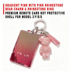 Premium Remote Card Key Protective Shell Gradient Pink With Pink Rhinestone Bear Charm And Rhinestone Ring For Model 3/Y/S/X