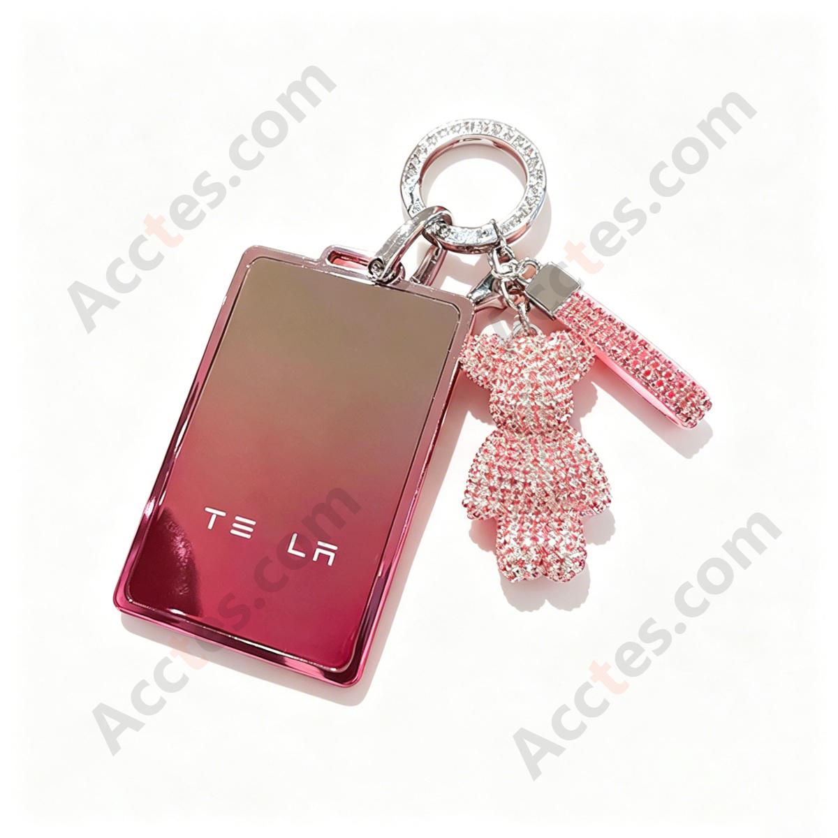 Premium Remote Card Key Protective Shell Gradient Pink With Pink Rhinestone Bear Charm And Rhinestone Ring For Model 3/Y/S/X