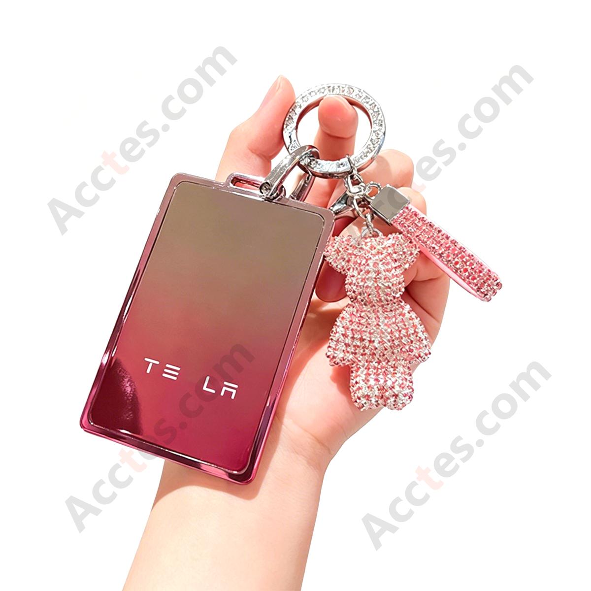 Premium Remote Card Key Protective Shell Gradient Pink With Pink Rhinestone Bear Charm And Rhinestone Ring For Model 3/Y/S/X