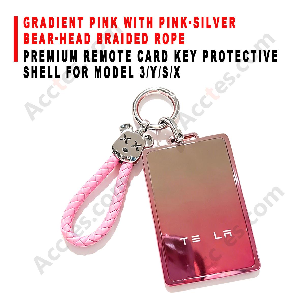 Premium Remote Card Key Protective Shell Gradient Pink With Pink‑Silver Bear‑Head Braided Rope For Model 3/Y/S/X