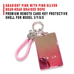 Premium Remote Card Key Protective Shell Gradient Pink With Pink‑Silver Bear‑Head Braided Rope For Model 3/Y/S/X