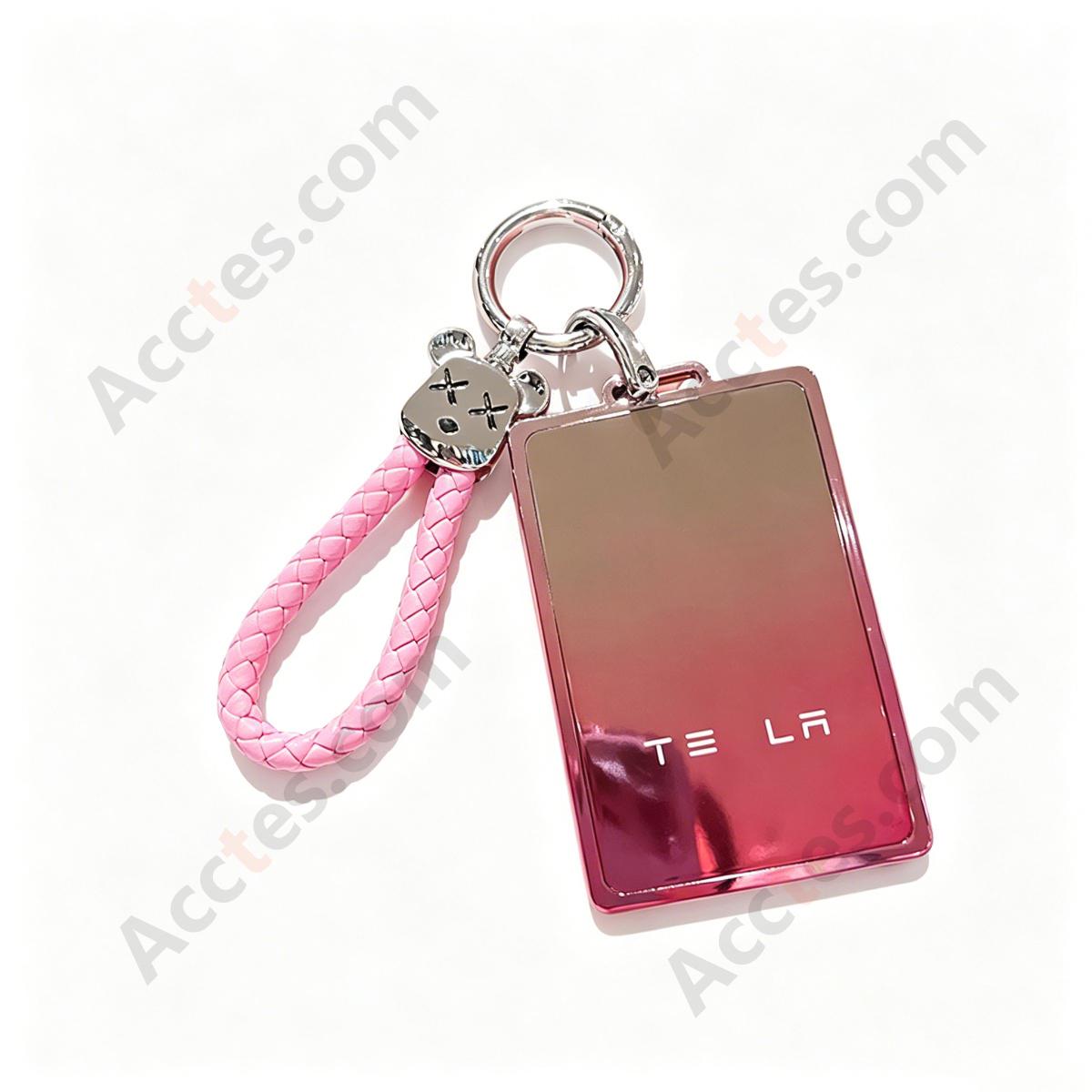 Premium Remote Card Key Protective Shell Gradient Pink With Pink‑Silver Bear‑Head Braided Rope For Model 3/Y/S/X