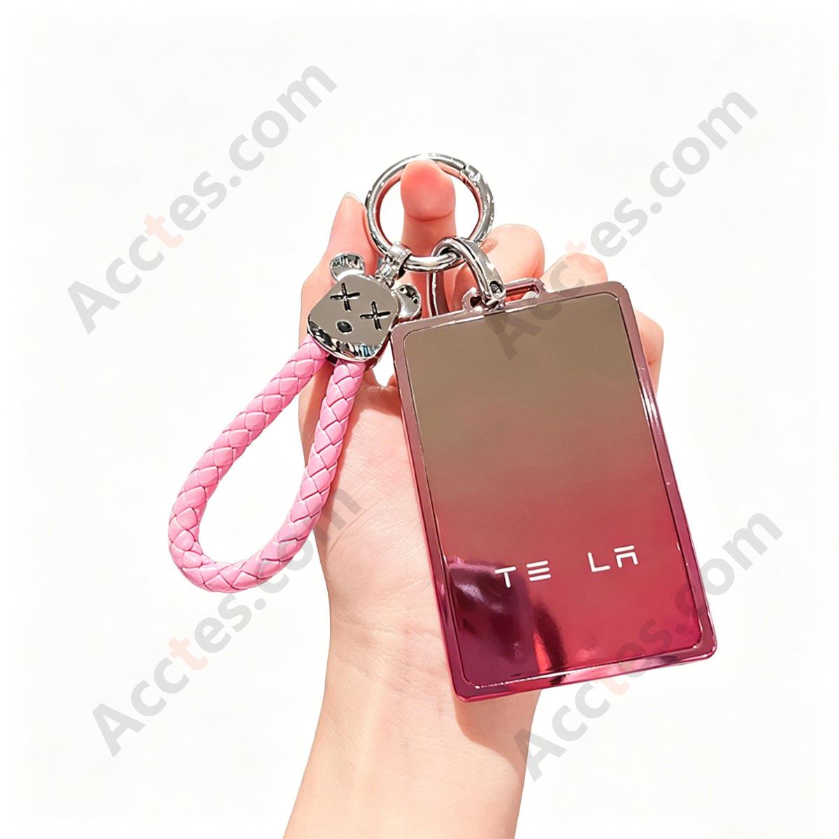 Premium Remote Card Key Protective Shell Gradient Pink With Pink‑Silver Bear‑Head Braided Rope For Model 3/Y/S/X
