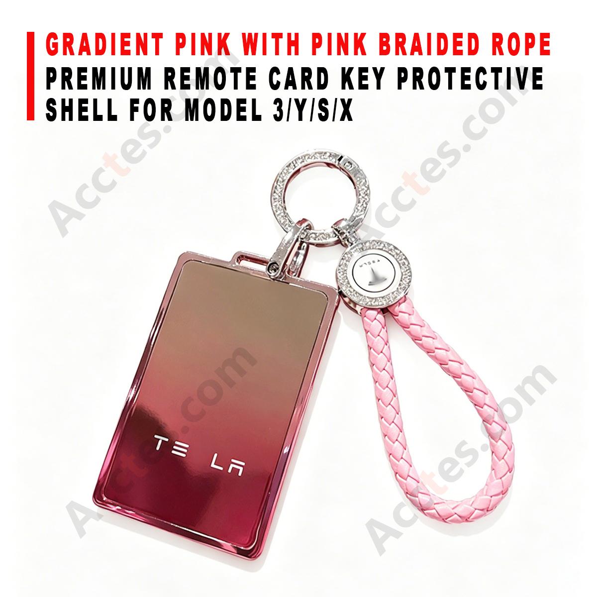 Premium Remote Card Key Protective Shell Gradient Pink With Pink Braided Rope For Model 3/Y/S/X