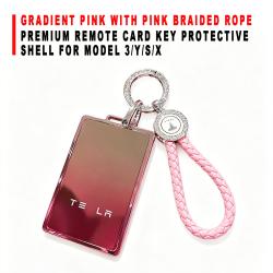 Premium Remote Card Key Protective Shell Gradient Pink With Pink Braided Rope For Model 3/Y/S/X