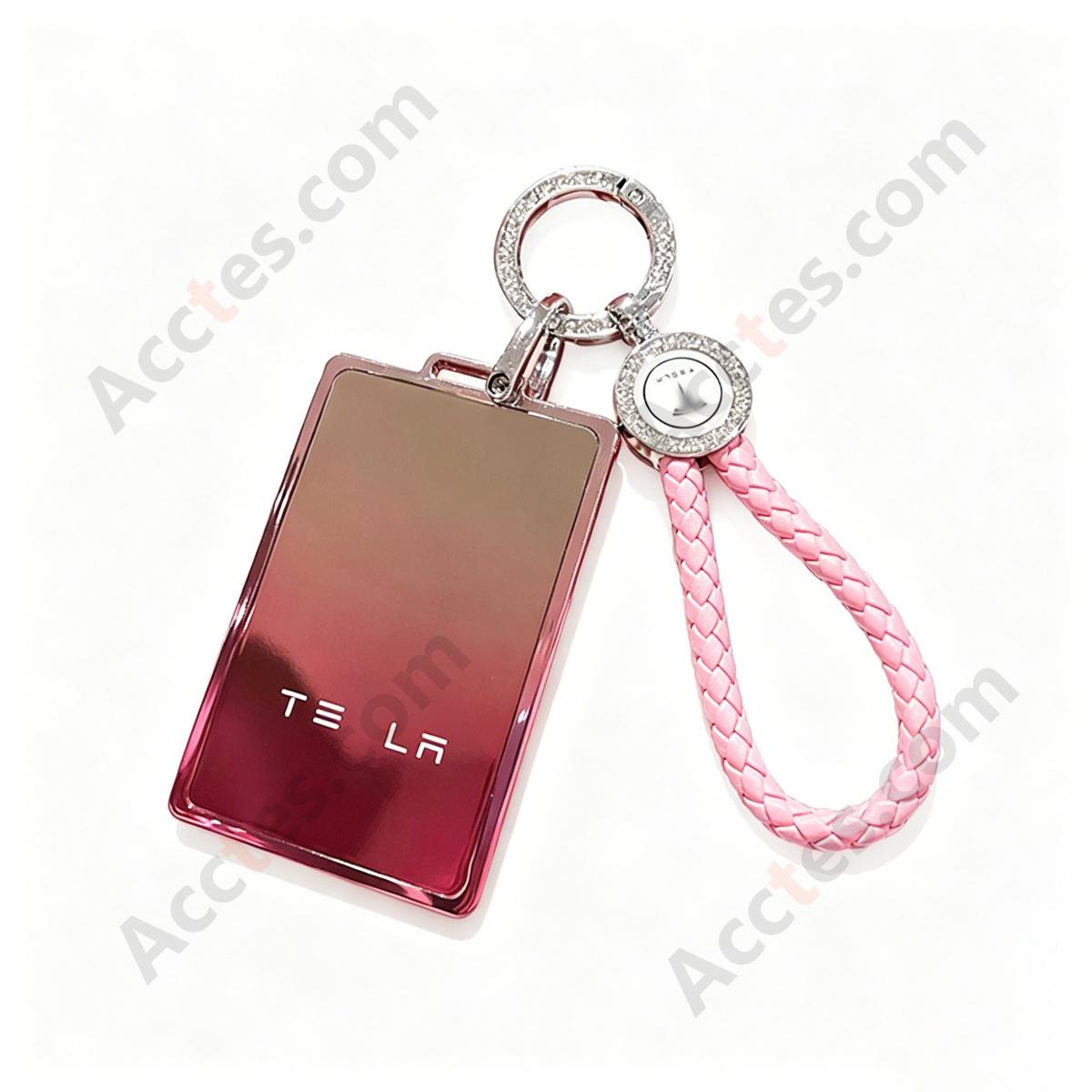 Premium Remote Card Key Protective Shell Gradient Pink With Pink Braided Rope For Model 3/Y/S/X