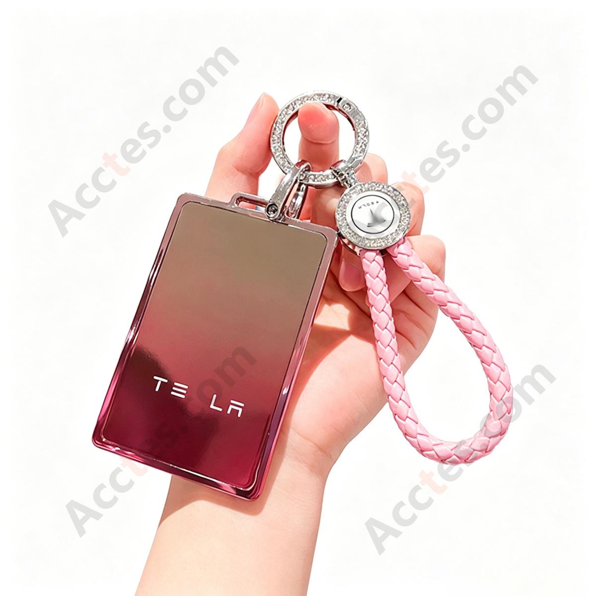 Premium Remote Card Key Protective Shell Gradient Pink With Pink Braided Rope For Model 3/Y/S/X