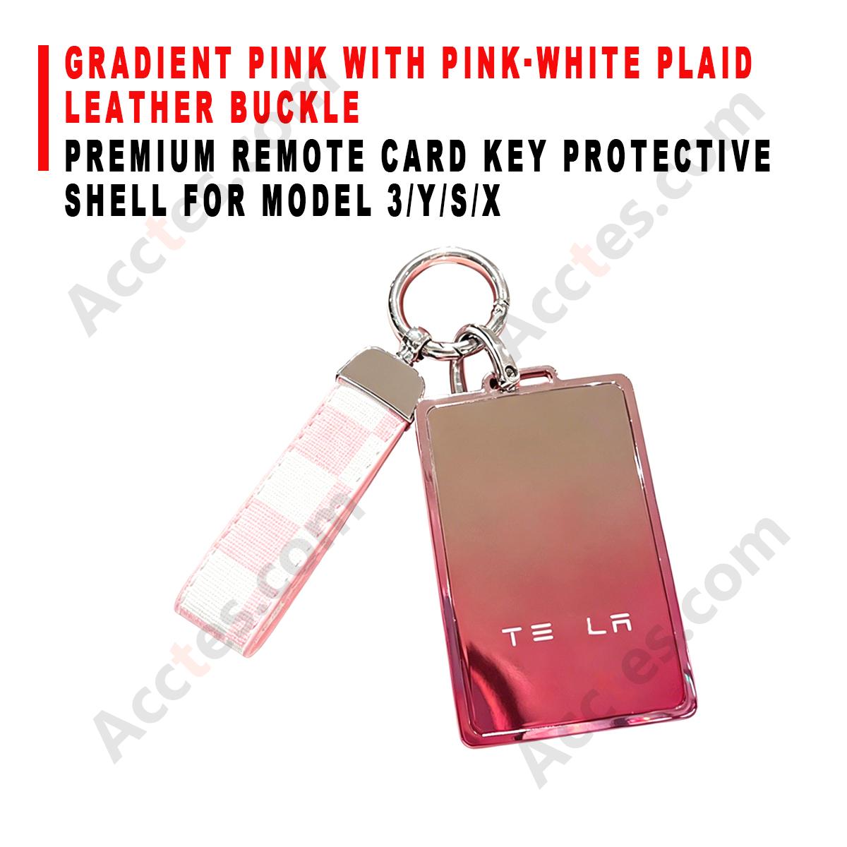Premium Remote Card Key Protective Shell Gradient Pink With Pink‑White Plaid Leather Buckle For Model 3/Y/S/X