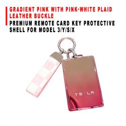Premium Remote Card Key Protective Shell Gradient Pink With Pink‑White Plaid Leather Buckle For Model 3/Y/S/X