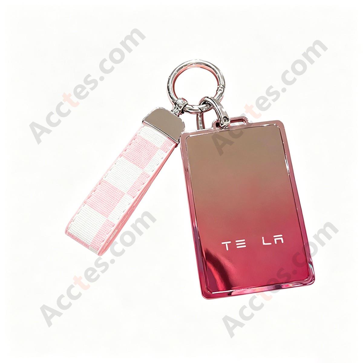 Premium Remote Card Key Protective Shell Gradient Pink With Pink‑White Plaid Leather Buckle For Model 3/Y/S/X