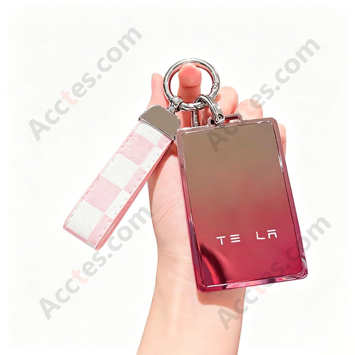 Premium Remote Card Key Protective Shell Gradient Pink With Pink‑White Plaid Leather Buckle For Model 3/Y/S/X