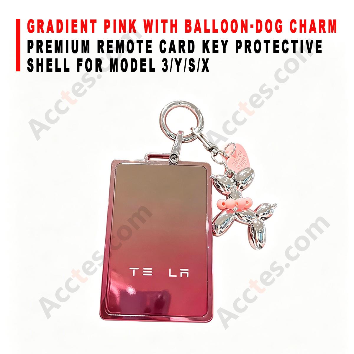 Premium Remote Card Key Protective Shell Gradient Pink With Balloon‑Dog Charm For Model 3/Y/S/X