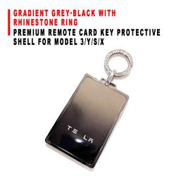 Premium Remote Card Key Protective Shell Gradient Grey‑Black With Rhinestone Ring Accessory For Model 3/Y/S/X