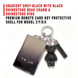Premium Remote Card Key Protective Shell Gradient Grey‑Black With Black Rhinestone Bear Charm And Rhinestone Ring For Model 3/Y/S/X