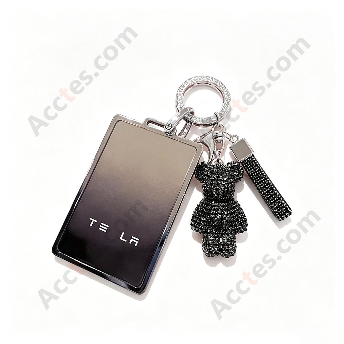 Premium Remote Card Key Protective Shell Gradient Grey‑Black With Black Rhinestone Bear Charm And Rhinestone Ring For Model 3/Y/S/X