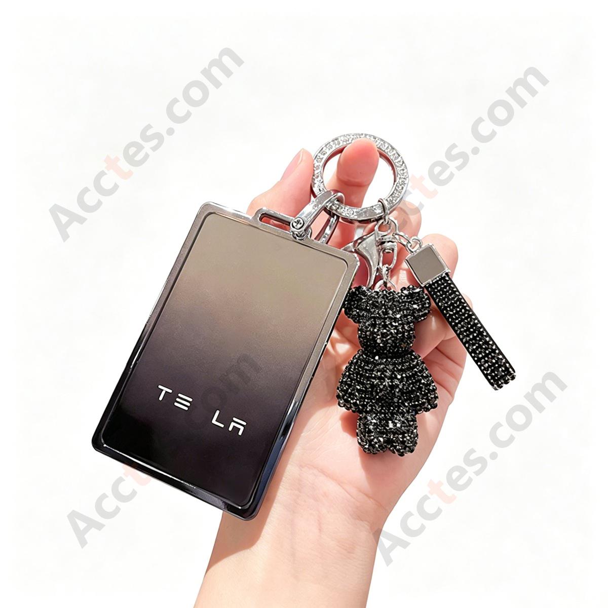Premium Remote Card Key Protective Shell Gradient Grey‑Black With Black Rhinestone Bear Charm And Rhinestone Ring For Model 3/Y/S/X