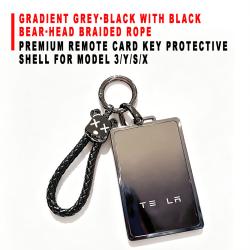 Premium Remote Card Key Protective Shell Gradient Grey‑Black With Black Bear‑Head Braided Rope For Model 3/Y/S/X