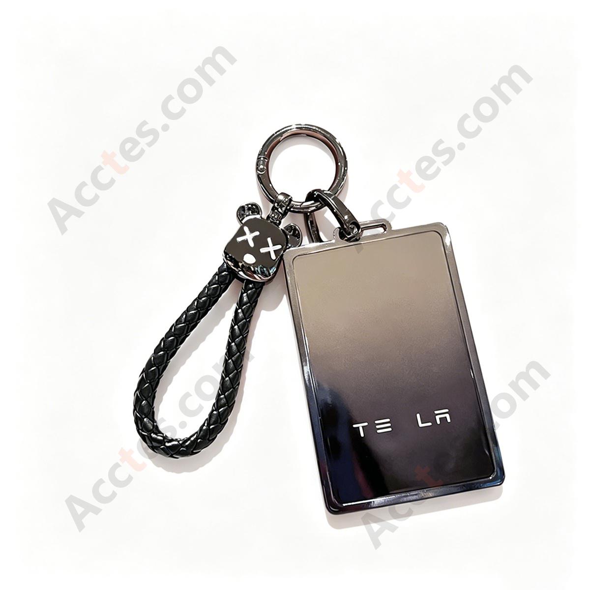 Premium Remote Card Key Protective Shell Gradient Grey‑Black With Black Bear‑Head Braided Rope For Model 3/Y/S/X