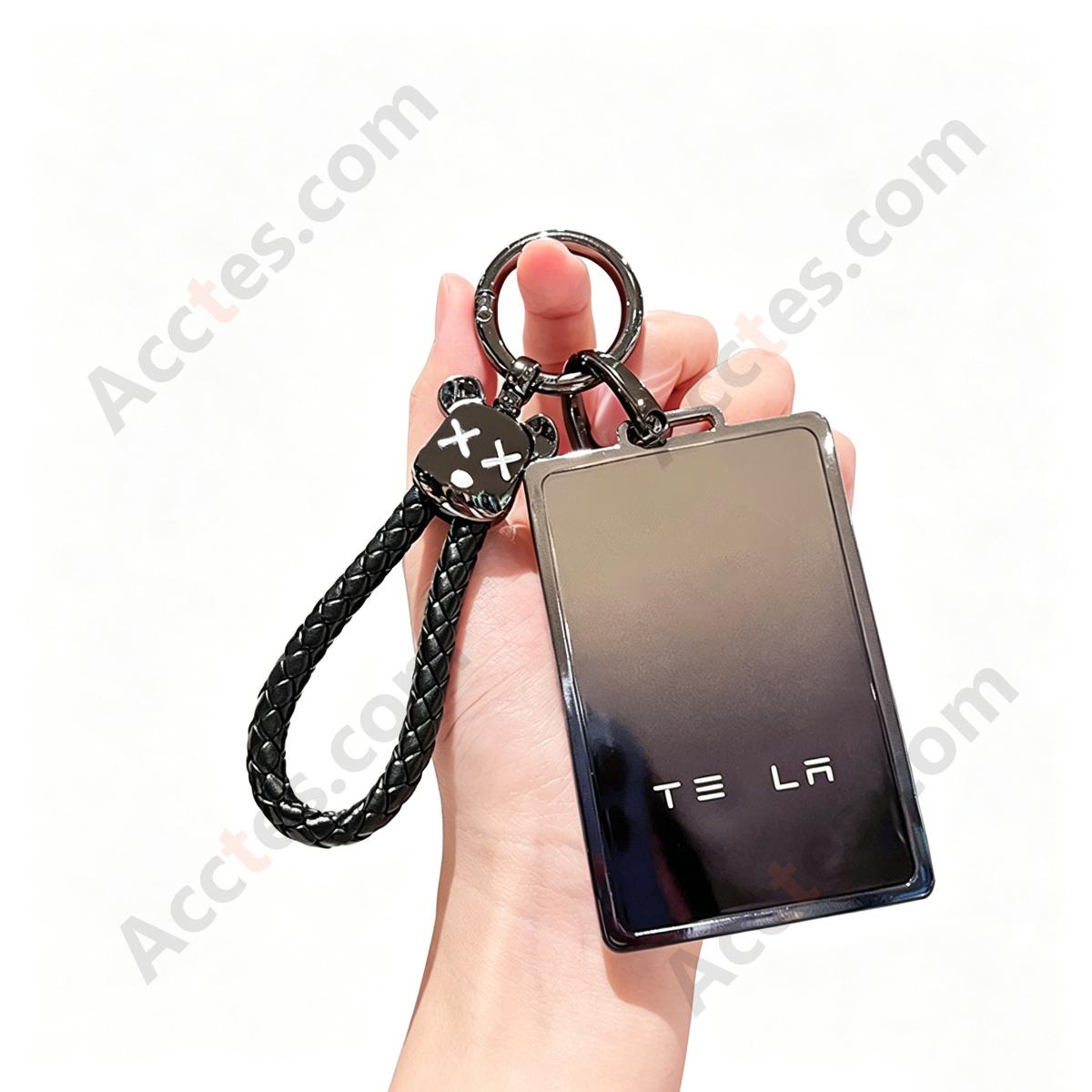 Premium Remote Card Key Protective Shell Gradient Grey‑Black With Black Bear‑Head Braided Rope For Model 3/Y/S/X