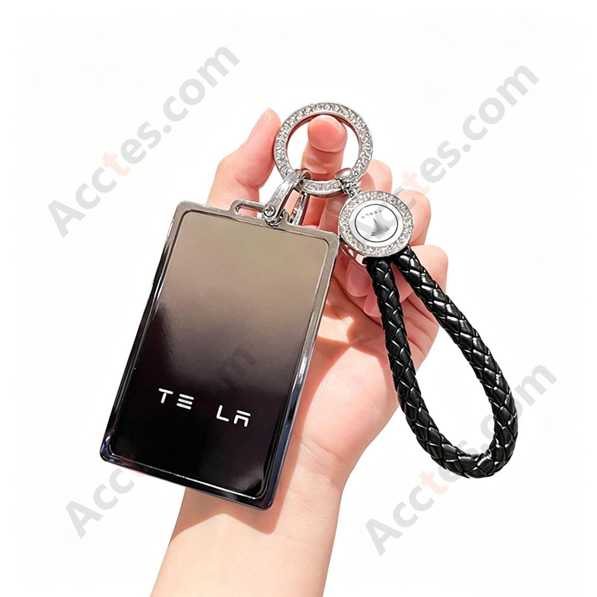 Premium Remote Card Key Protective Shell Gradient Grey‑Black With Black Braided Rope For Model 3/Y/S/X