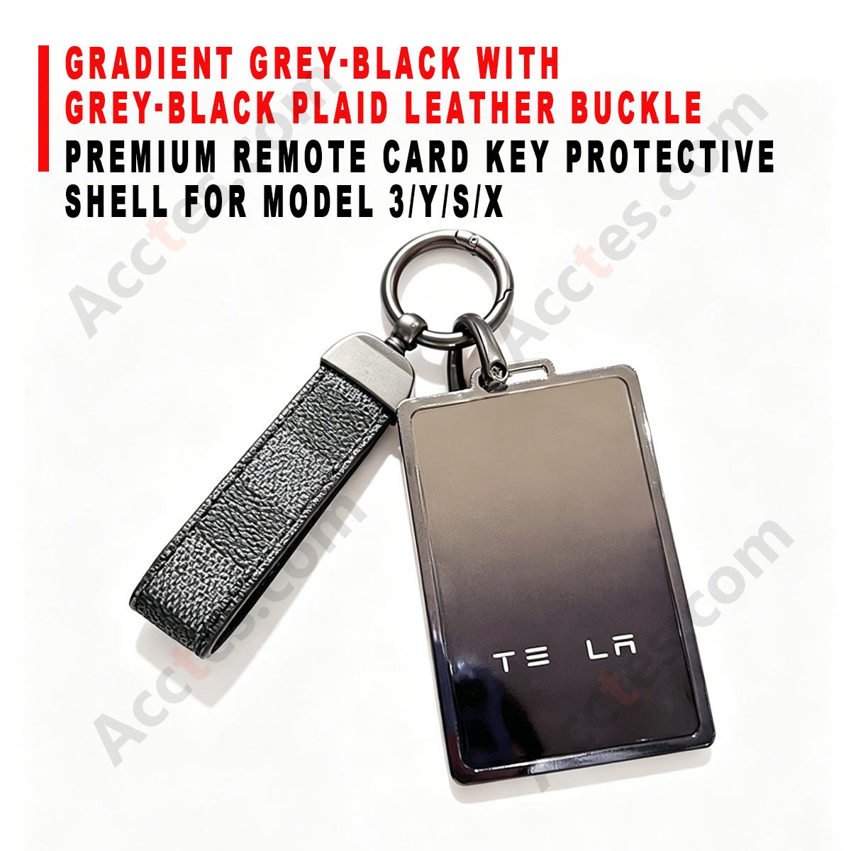 Premium Remote Card Key Protective Shell Gradient Grey‑Black With Grey‑Black Plaid Leather Buckle For Model 3/Y/S/X