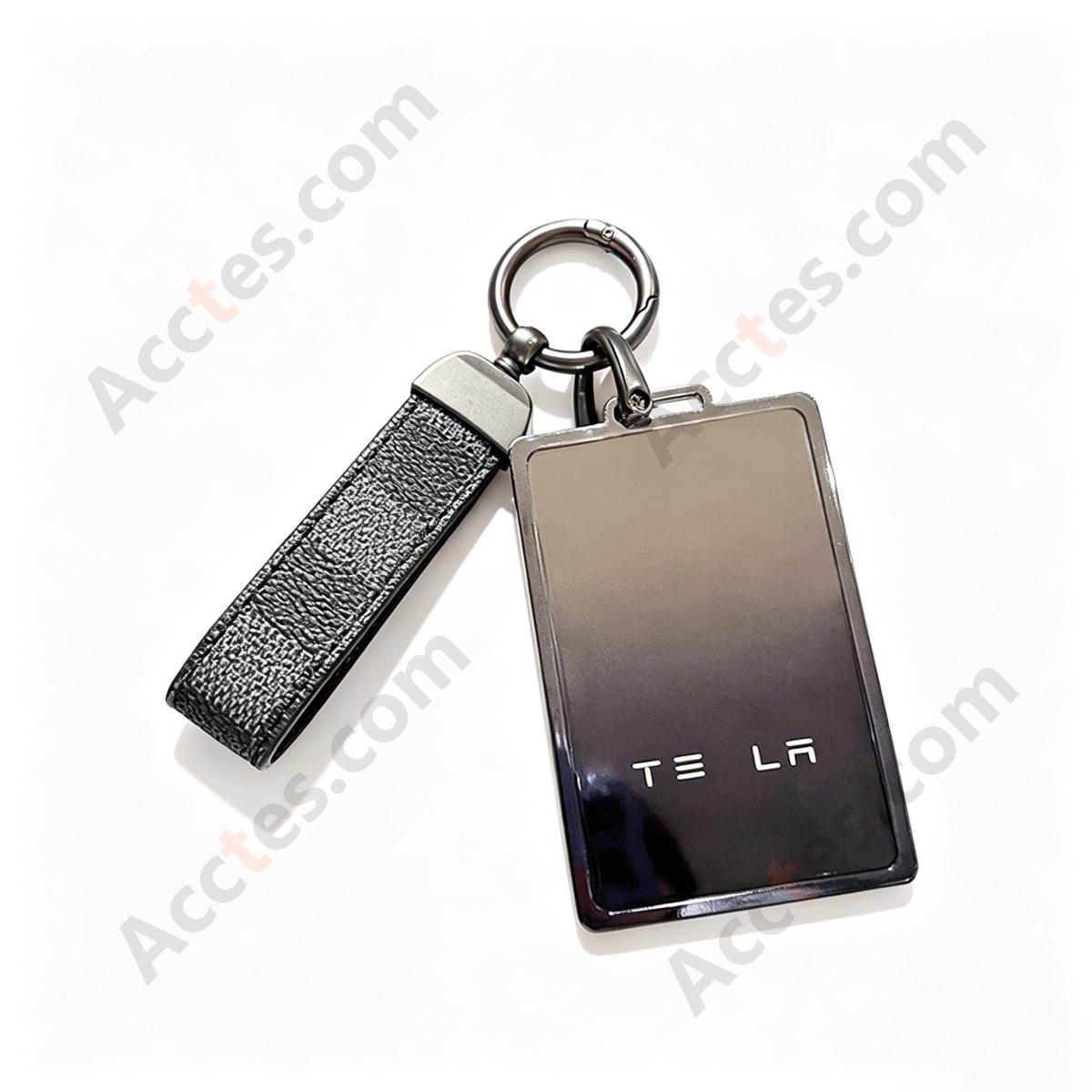 Premium Remote Card Key Protective Shell Gradient Grey‑Black With Grey‑Black Plaid Leather Buckle For Model 3/Y/S/X