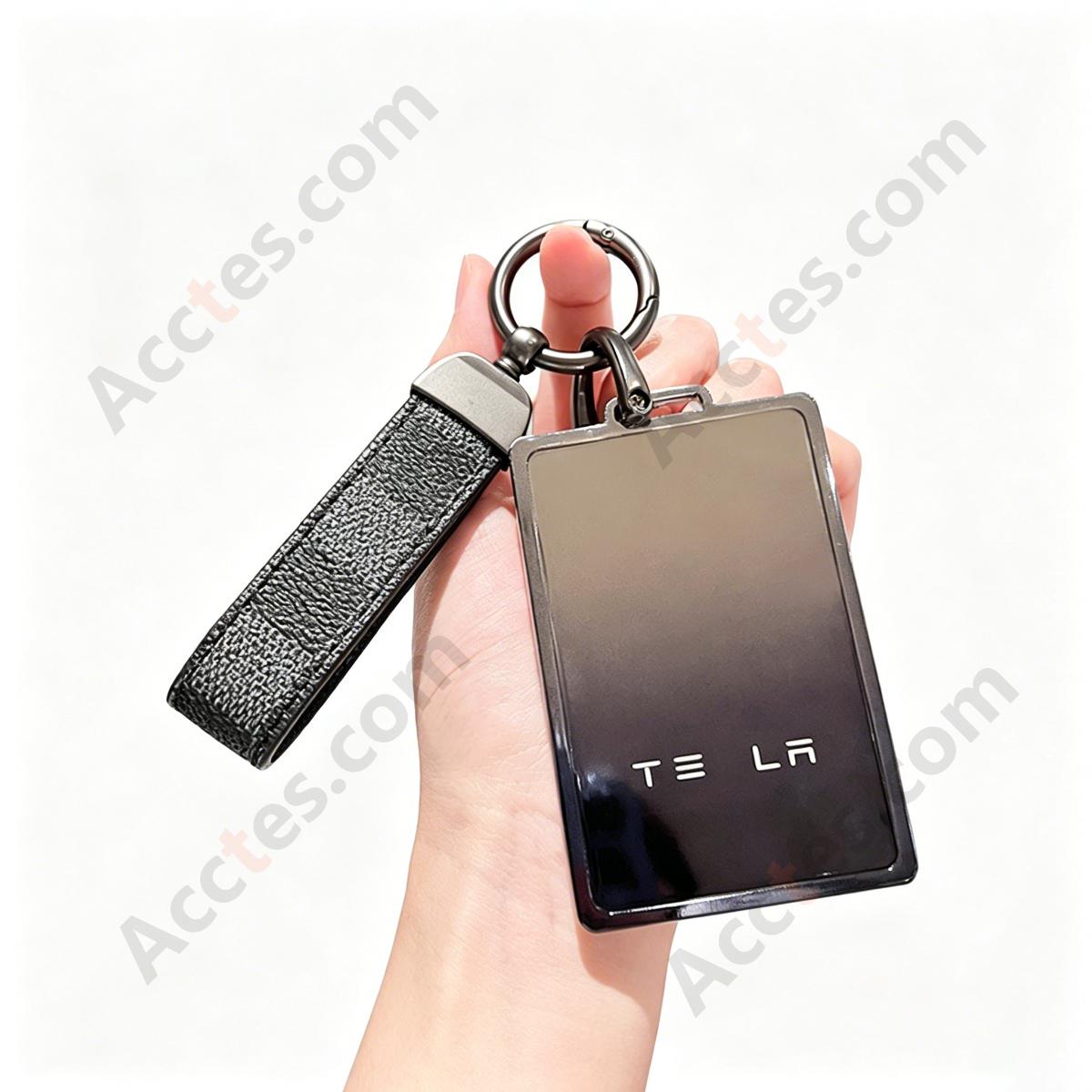 Premium Remote Card Key Protective Shell Gradient Grey‑Black With Grey‑Black Plaid Leather Buckle For Model 3/Y/S/X