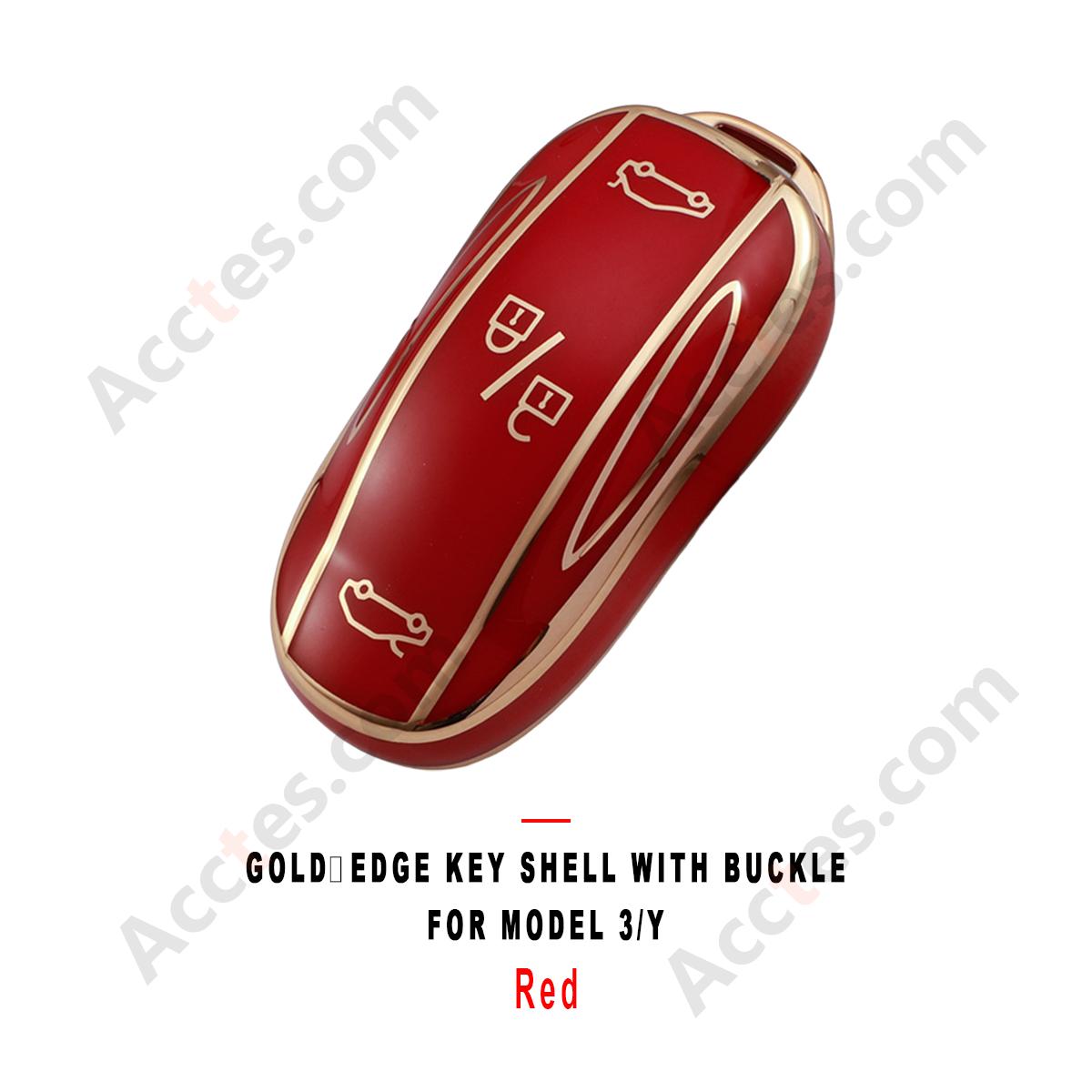 Red Gold‑Edge Key Shell With Buckle Protective Cover For Model 3/Y Car Key