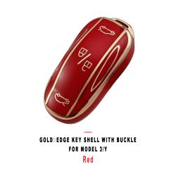 Red Gold‑Edge Key Shell With Buckle Protective Cover For Model 3/Y Car Key