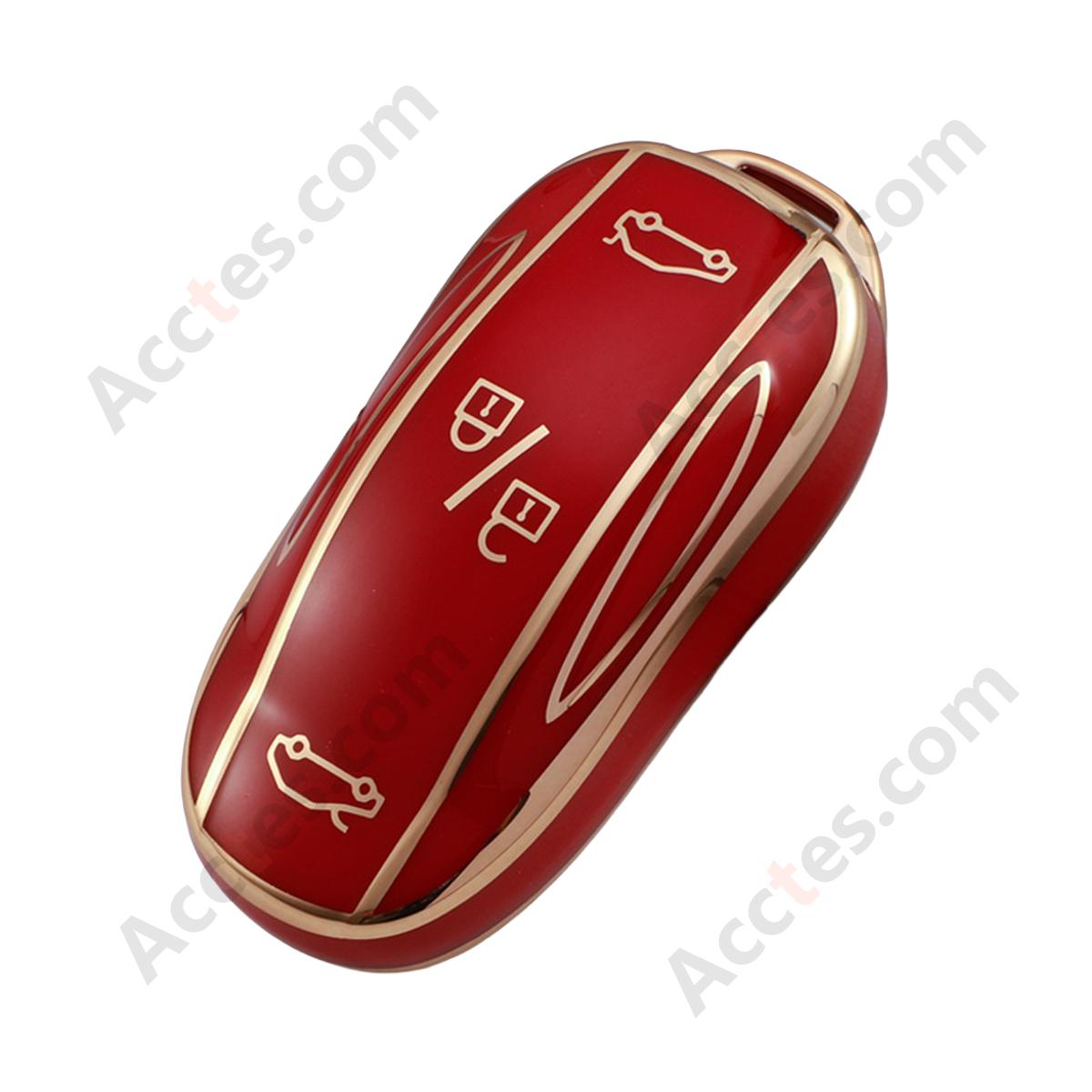 Red Gold‑Edge Key Shell With Buckle Protective Cover For Model 3/Y Car Key