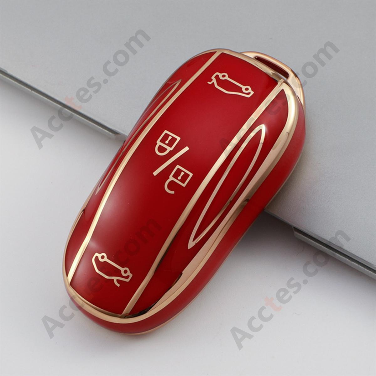 Red Gold‑Edge Key Shell With Buckle Protective Cover For Model 3/Y Car Key